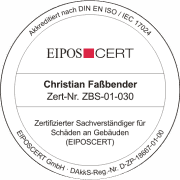 Zertifizierter Sachverständiger für Bauschäden an Flachdach und Steildach Offizielle Zertifizierung von Christian Faßbender als EIPOSCERT-geprüfter Sachverständiger für Schäden an Gebäuden, spezialisiert auf die Bewertung von Steildach- und Flachdachkonstruktionen.