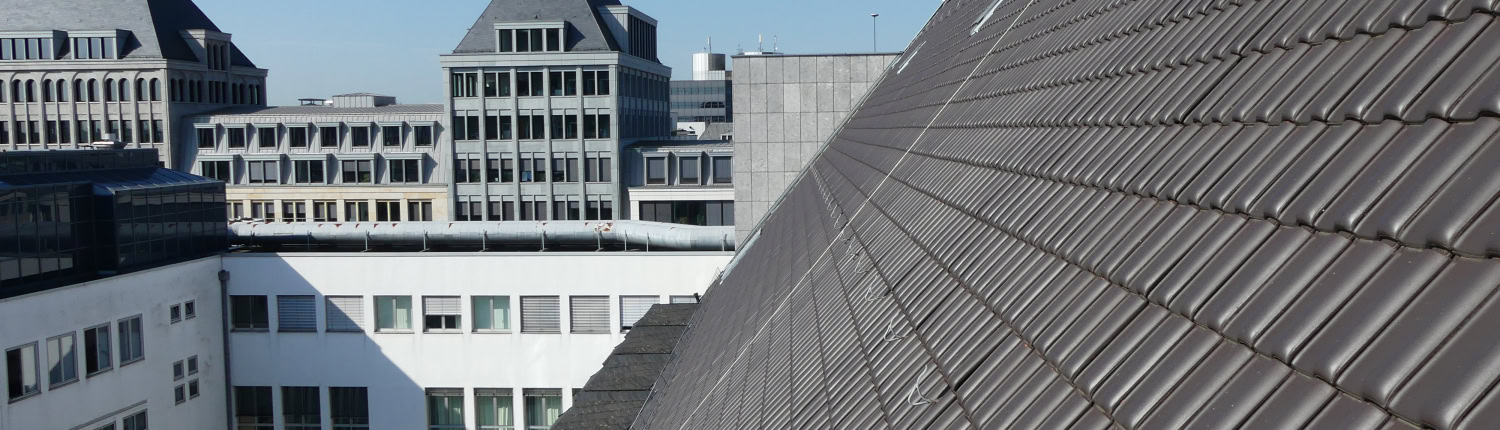 Steildach mit Tonziegeln und städtischer Kulisse Perspektivaufnahme einer großen, mit dunklen Tonpfannen eingedeckten Dachfläche mit Blick auf angrenzende Bürogebäude im städtischen Raum.